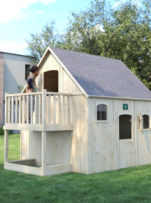 Cabane en bois sur pilotis avec mezzanine et bac à sable DUPLEX - Kiabi
