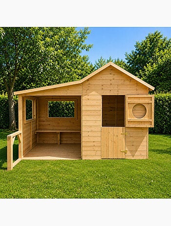 Cabane en bois traité avec préau et banc HACIENDA