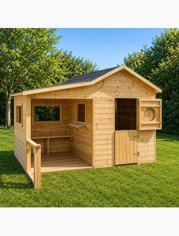 Cabane en bois traité avec préau et banc HACIENDA