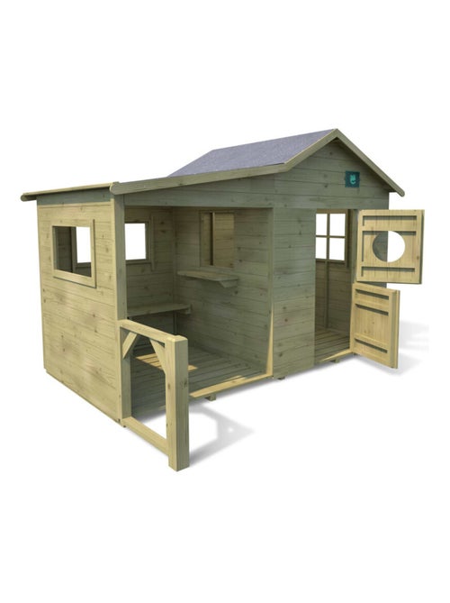 Cabane en bois traité avec préau et banc HACIENDA - Kiabi