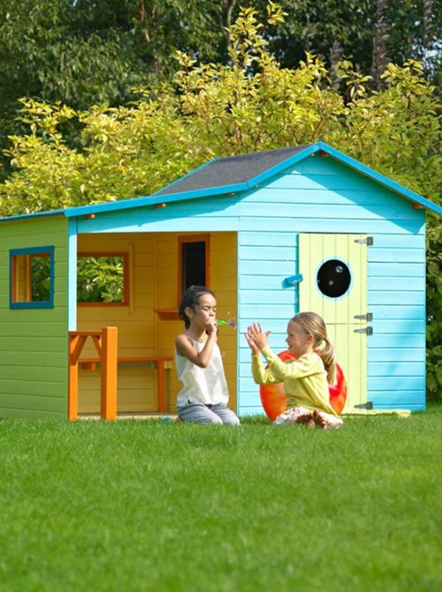 Cabane en bois traité avec préau et banc HACIENDA - Kiabi