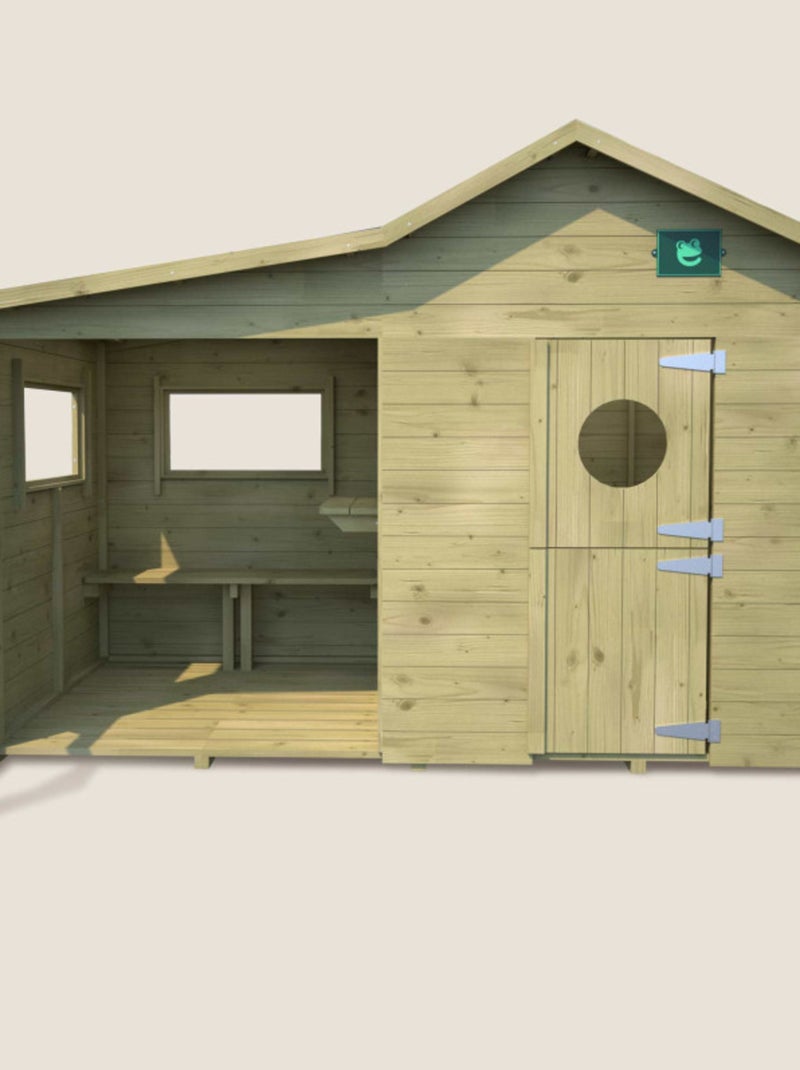 Cabane en bois traité avec préau et banc HACIENDA Marron - Kiabi