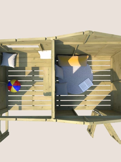 Cabane en bois traité avec préau et banc HACIENDA - Kiabi
