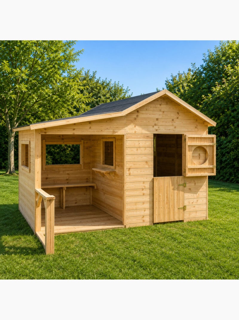 Cabane en bois traité avec préau et banc HACIENDA Marron - Kiabi