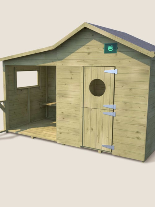 Cabane en bois traité avec préau et banc HACIENDA - Kiabi