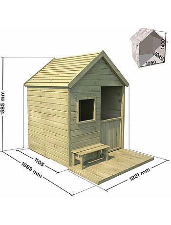 Cabane en bois traité avec terrasse et banc HEIDI