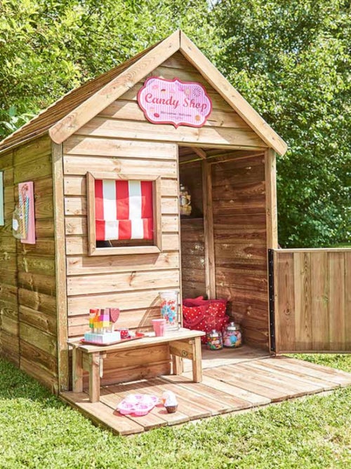 Cabane en bois traité avec terrasse et banc HEIDI - Kiabi