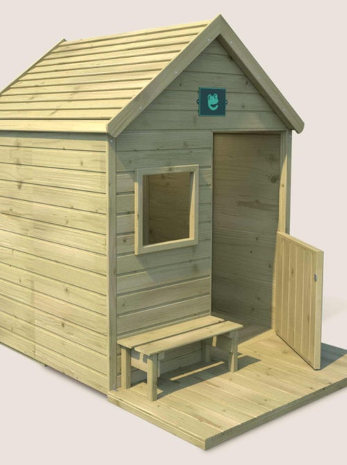 Cabane en bois traité avec terrasse et banc HEIDI - Kiabi