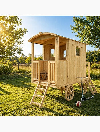 Cabane roulotte en bois sur pilotis pour enfants CARRY