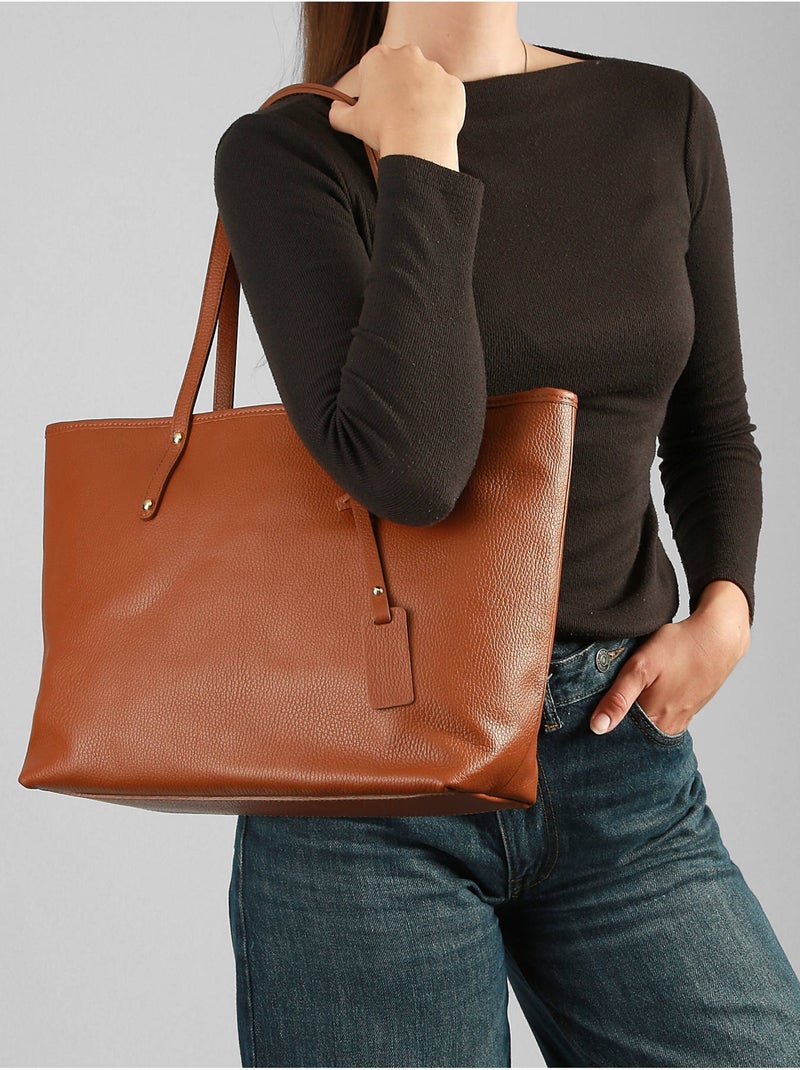 Cabas caviar cuir milano cuir de vachette Marron tabac - Kiabi