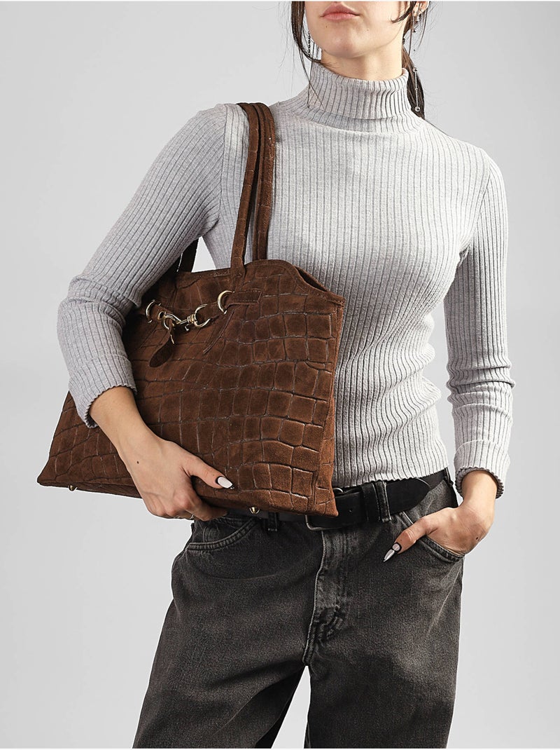 Cabas velvet croco cuir milano cuir de vachette Marron chocolat - Kiabi