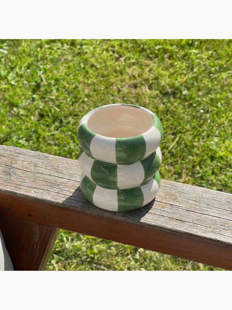 Cache pot en céramique à damiers vert / blanc, H10cm Vert - Kiabi
