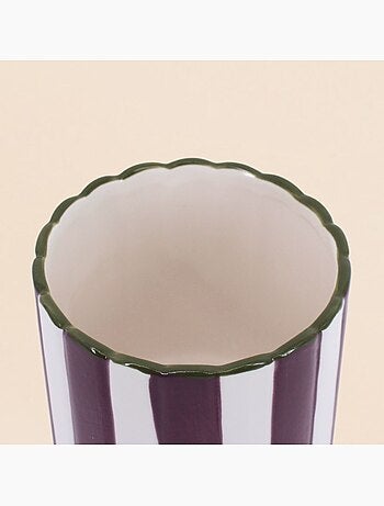 Cache-pot en céramique rayé bordeaux festonné 14x15cm