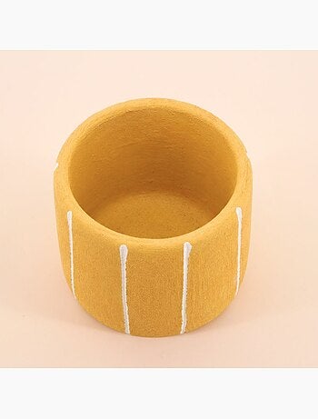 Cache-pot en ciment jaune lignes blanches 10cm