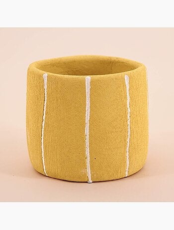 Cache-pot en ciment jaune lignes blanches 10cm