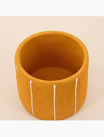 Cache-pot en ciment jaune lignes blanches 15cm