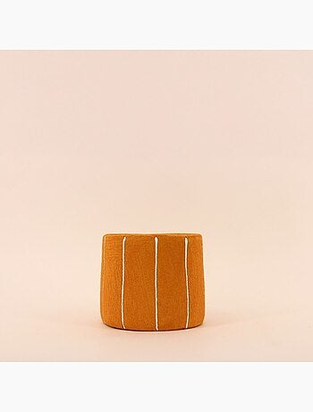 Cache-pot en ciment jaune lignes blanches 15cm