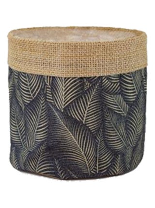 Cache-pot en jute motifs Feuilles sur fond noir 18 cm