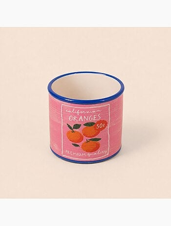 Cache-pot fruits en céramique rose liseret bleu 11x13cm