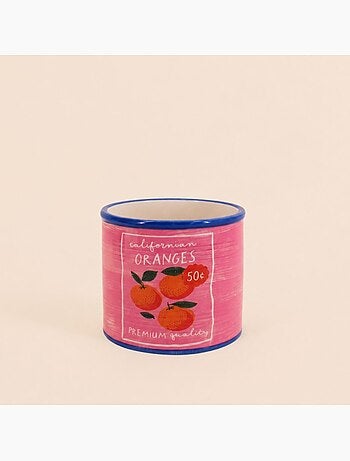 Cache-pot fruits en céramique rose liseret bleu 11x13cm