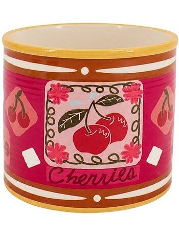 Cache-pot fruits en céramique rose liseret jaune 11x13cm