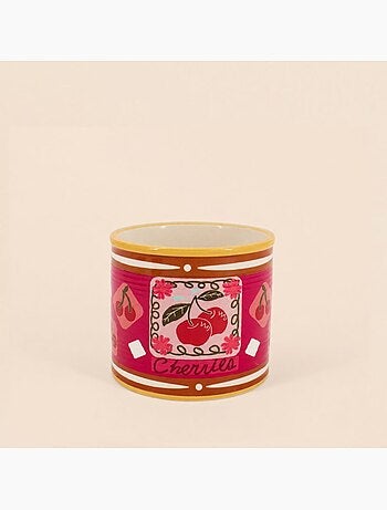 Cache-pot fruits en céramique rose liseret jaune 11x13cm