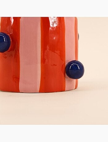 Cache pot rayé rose / orange avec perles 15cm