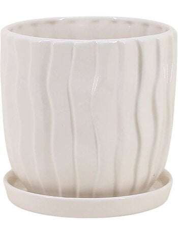 Cache-pot strié beige 20cm avec plateau
