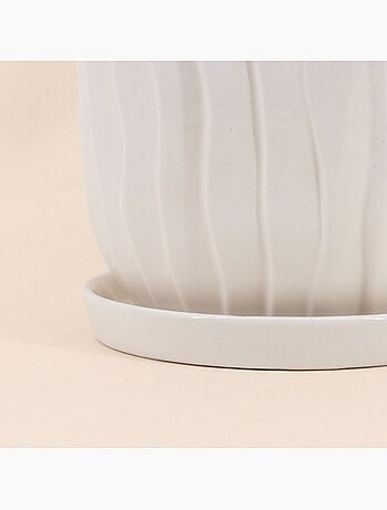 Cache-pot strié beige 20cm avec plateau