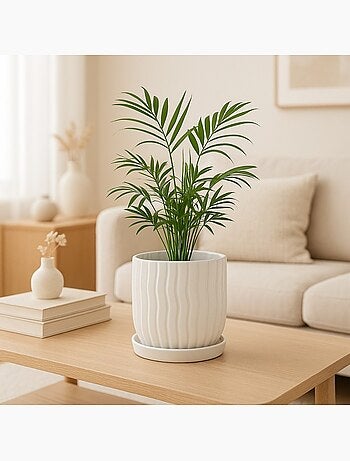 Cache-pot strié beige 20cm avec plateau