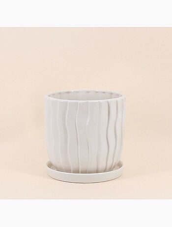 Cache-pot strié beige 20cm avec plateau