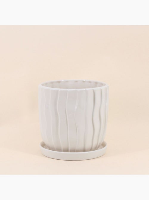 Cache-pot strié beige 20cm avec plateau - Kiabi