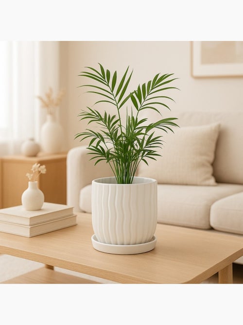 Cache-pot strié beige 20cm avec plateau - Kiabi