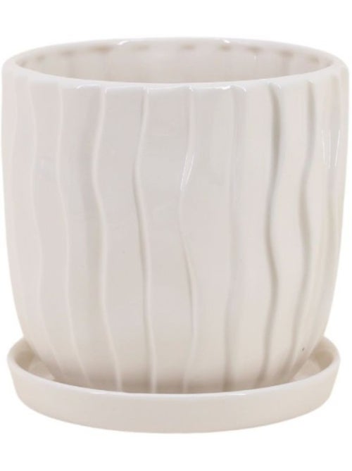 Cache-pot strié beige 20cm avec plateau - Kiabi