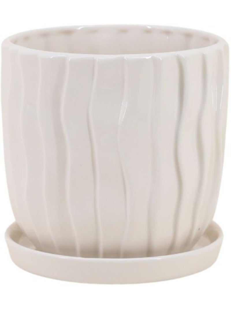Cache-pot strié beige 20cm avec plateau Beige - Kiabi