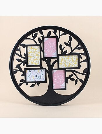Cadre photos noir 5 vues rond arbre de vie 60cm