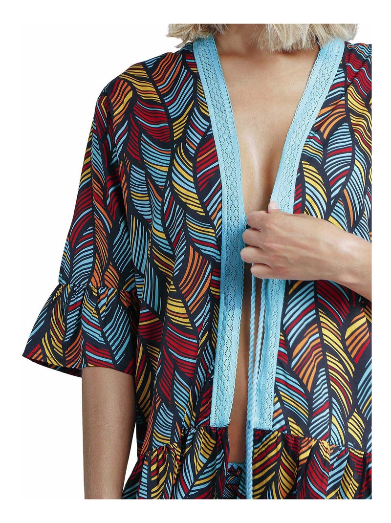 Caftan de plage Ethnic Feathers Bleu turquoise - Kiabi