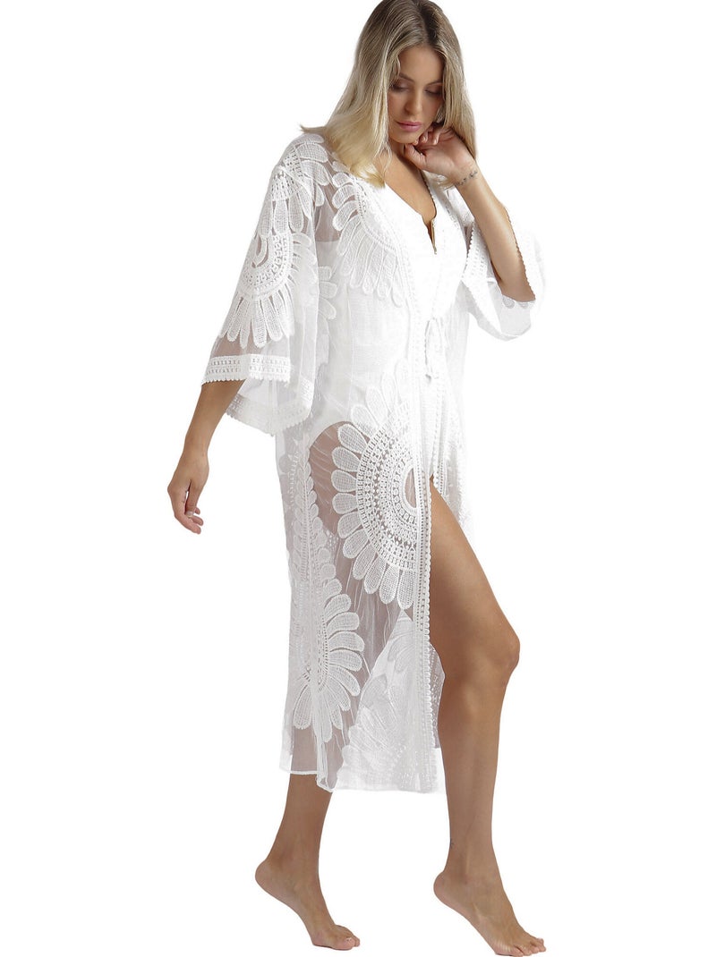 Caftan de plage mi-long Flower Blanc - Kiabi