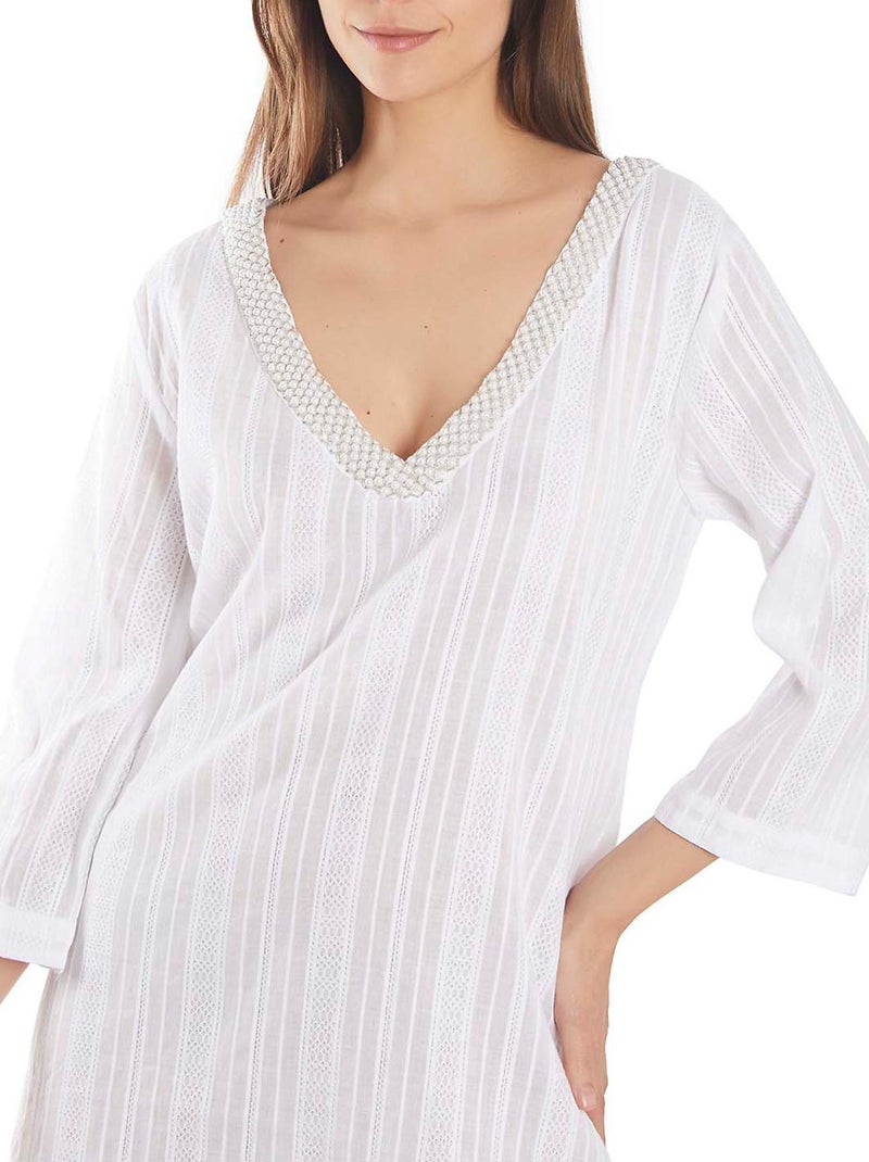 Caftan de plage perles manches trois-quarts Blanc - Kiabi