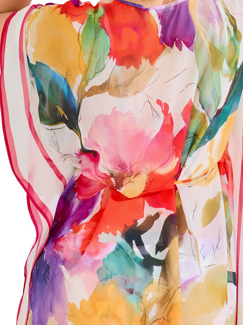 Caftan De Plage Brodé Kushi Blanc Fluo Rose - Taille 20 Plus - Neuf Avec étiquettes - Coton Floral
