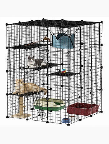 Cage chat intérieur - parc chat 4 niv. 5 portes hamac plateformes rampes - acier noir