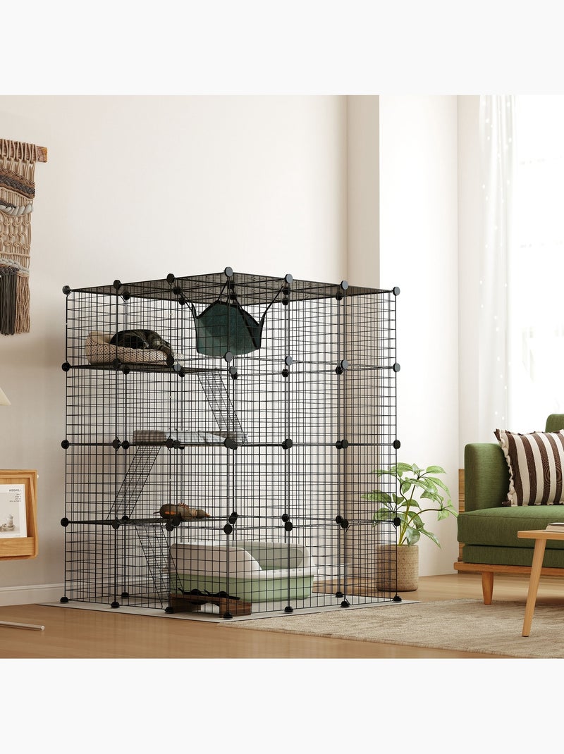 Cage chat intérieur - parc chat 4 niv. 5 portes hamac plateformes rampes - acier noir Noir - Kiabi
