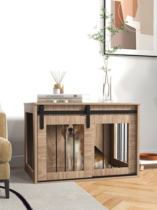 Cage chien style industriel avec porte acier noir aspect bois - Kiabi