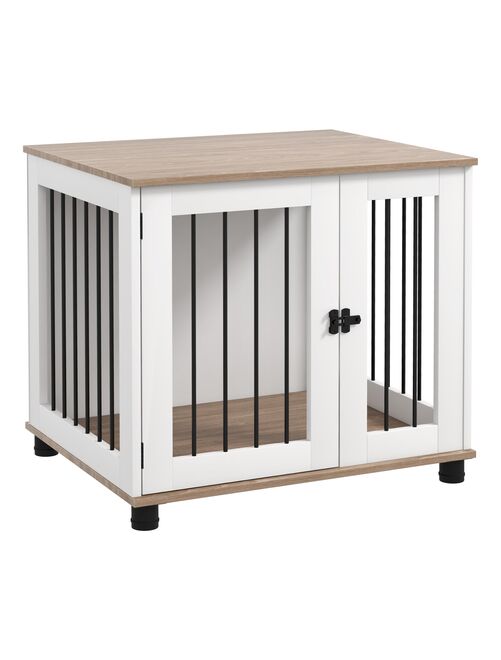 Cage chien sur pied - porte verrouillable - acier noir blanc chêne clair - Kiabi