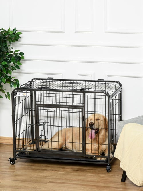 Cage chiens pliable sur roulettes 2 portes verrouillables métal gris noir - Kiabi