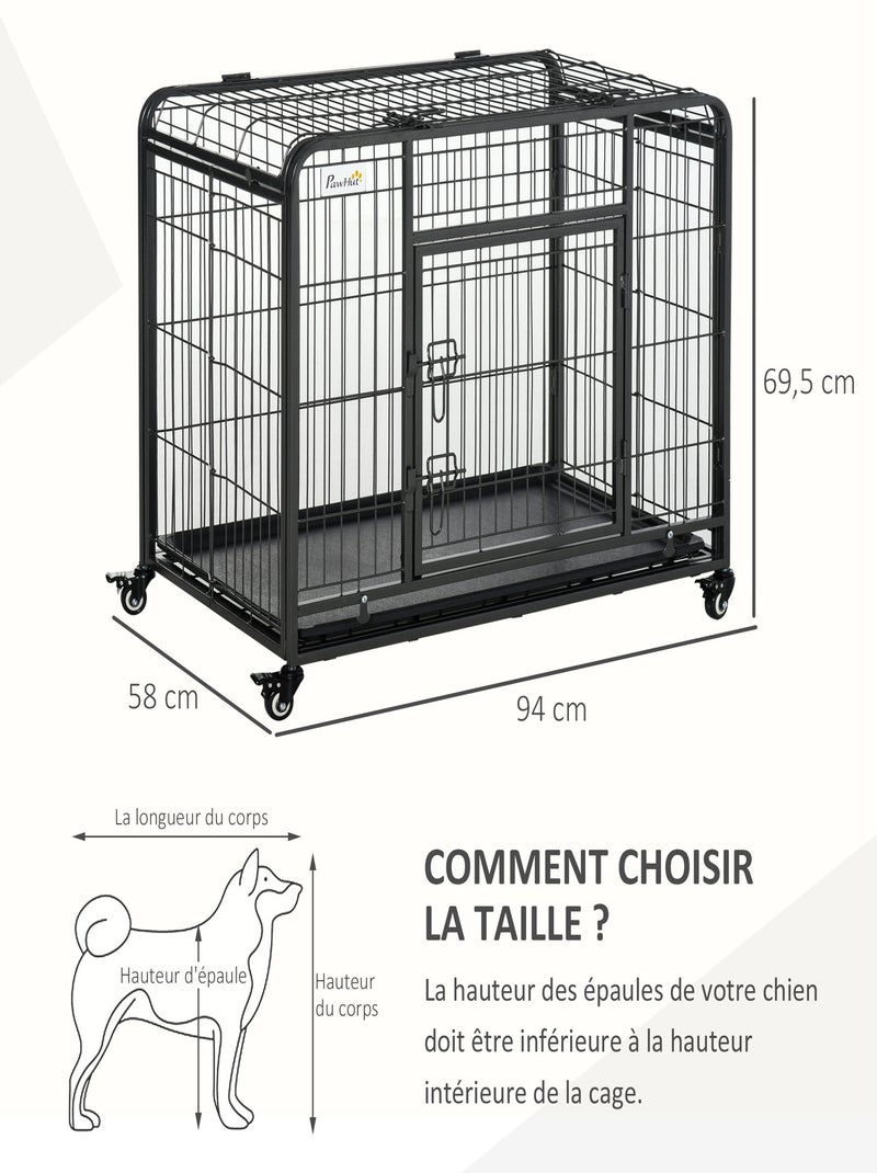 Cage chiens pliable sur roulettes 2 portes verrouillables métal gris noir Noir - Kiabi