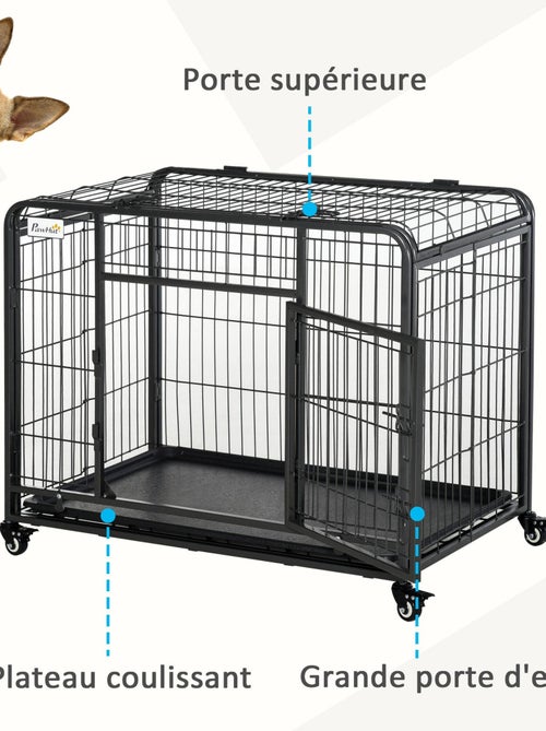 Cage chiens pliable sur roulettes 2 portes verrouillables métal gris noir - Kiabi