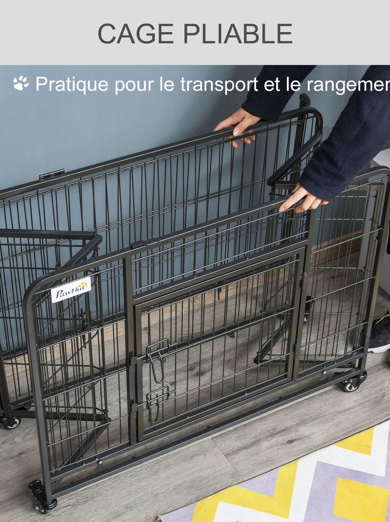 Cage chiens pliable sur roulettes 2 portes verrouillables métal gris noir Noir - Kiabi