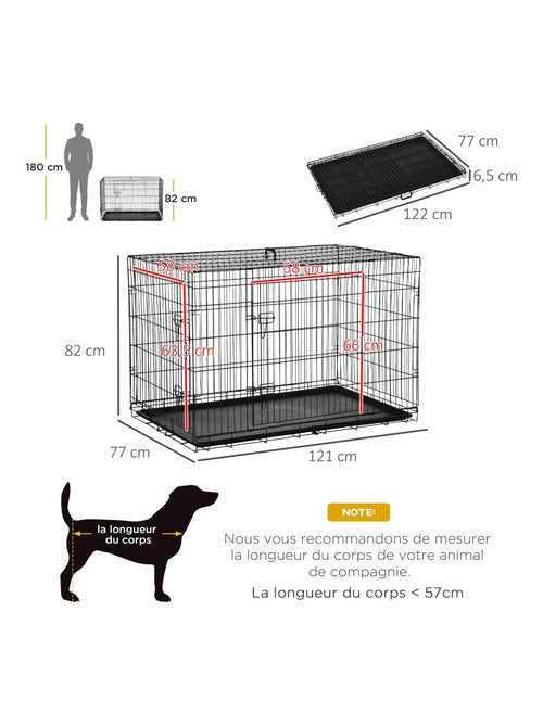 Cage de transport pour chien pliable - dim. 121L x 77l x 82H cm - acier ABS noir - Kiabi