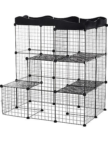 Cage parc enclos chat modulable 3 niveaux 2 portes métal noir